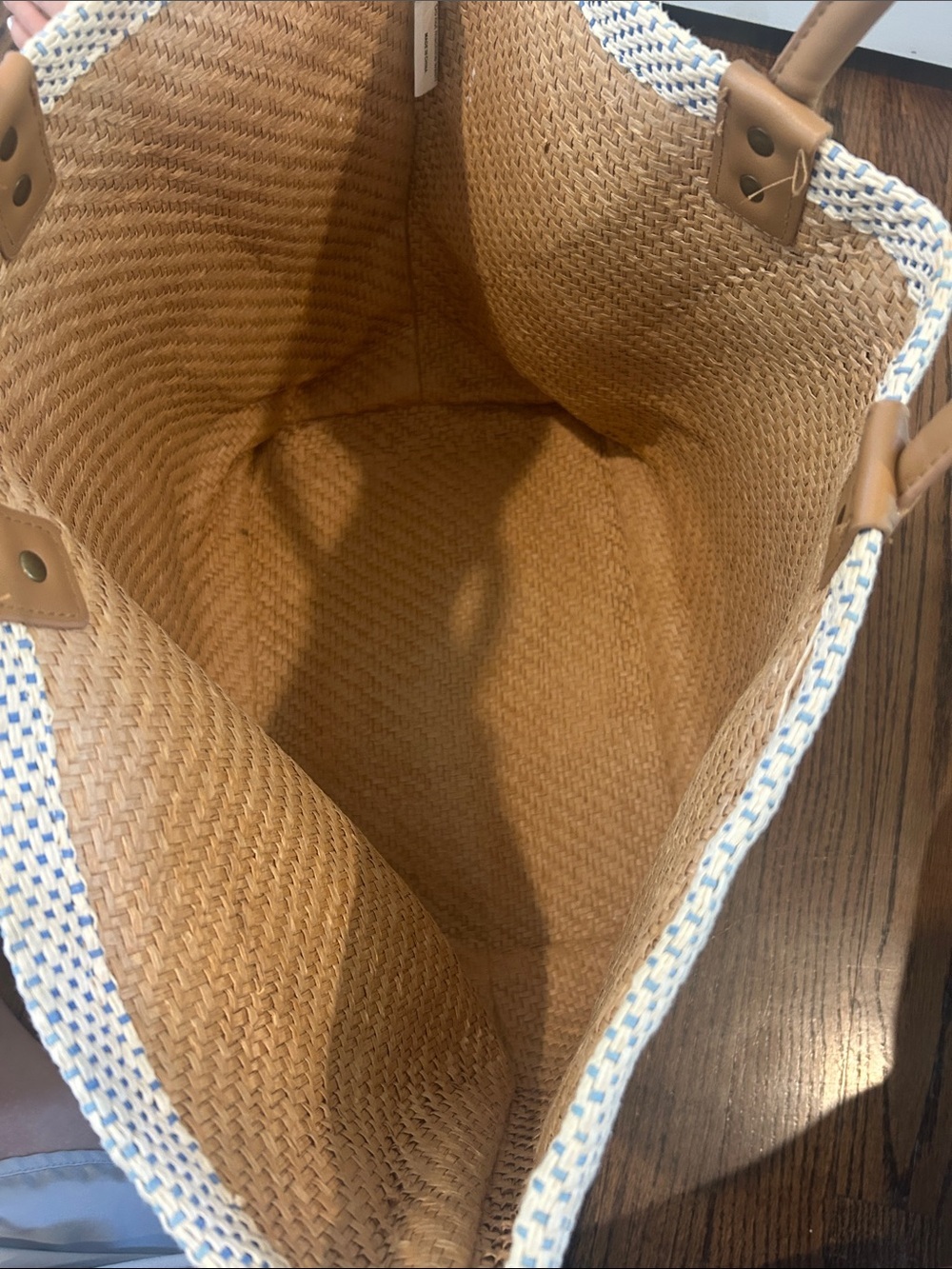 Francesca's Collections Cream Woven Beach Tote Navy Yellow Pink Stripes pool bag - Picture 3 of 5